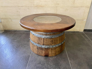 4-Chair Half-Barrel Full Lounge Set - Oak Wood Wine Barrels. wine barrel coffee table barrel glass top wine barrel glass top whiskey barrel glass top bourbon barrel glass top barrel coffee table barrel wine rack wine barrel table whiskey barrel whiskey barrel table wine barrel handma