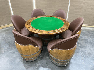 6-Chair Barrel Game Set (With Dining Top Option) - Oak Wood Wine Barrels. wine barrel coffee table barrel glass top wine barrel glass top whiskey barrel glass top bourbon barrel glass top barrel coffee table barrel wine rack wine barrel table whiskey barrel whiskey barrel table wine barrel handma