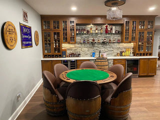 6-Chair Barrel Game Set (With Dining Top Option) - Oak Wood Wine Barrels. wine barrel coffee table barrel glass top wine barrel glass top whiskey barrel glass top bourbon barrel glass top barrel coffee table barrel wine rack wine barrel table whiskey barrel whiskey barrel table wine barrel handma