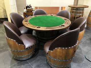 6-Chair Barrel Game Set (With Dining Top Option) - Oak Wood Wine Barrels. wine barrel coffee table barrel glass top wine barrel glass top whiskey barrel glass top bourbon barrel glass top barrel coffee table barrel wine rack wine barrel table whiskey barrel whiskey barrel table wine barrel handma