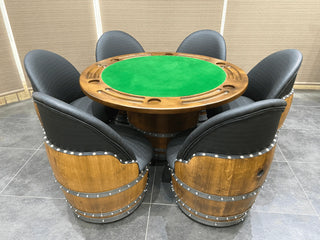 6-Chair Barrel Game Set (With Dining Top Option) - Oak Wood Wine Barrels. wine barrel coffee table barrel glass top wine barrel glass top whiskey barrel glass top bourbon barrel glass top barrel coffee table barrel wine rack wine barrel table whiskey barrel whiskey barrel table wine barrel handma
