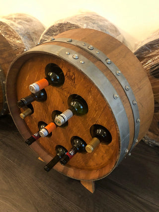 9-Bottle Wine Barrel Display - Oak Wood Wine Barrels. wine barrel coffee table barrel glass top wine barrel glass top whiskey barrel glass top bourbon barrel glass top barrel coffee table barrel wine rack wine barrel table whiskey barrel whiskey barrel table wine barrel handma