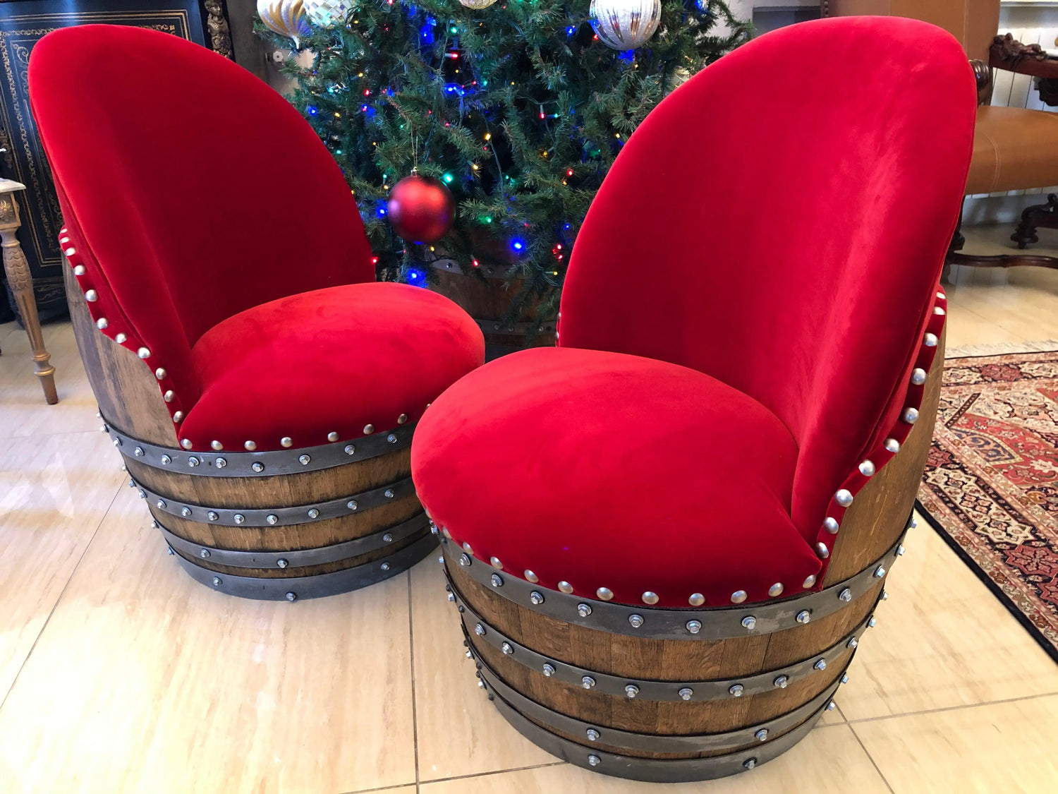 Wine Barrel Chair Red Velvet - Oak Wood Wine Barrels