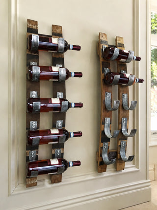 Whiskey & Wine Barrel Stave Wall Rack — 5-Bottle Display, Reclaimed Oak