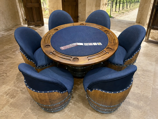 Whiskey & Wine Barrel Game Table Set — Poker and Dining Tops, 6 Chairs, Dark Navy Upholstery