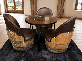Whiskey & Wine Barrel Steel-Leg Table Set — 3 Chairs, Modern Build