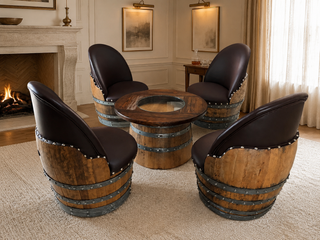 Whiskey & Wine Barrel Coffee Table Set — Full Round Table, 4 Chairs