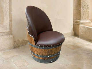 Whiskey & Wine Barrel Lounge Chair — Hidden Storage, Memory Foam, Brown Upholstery
