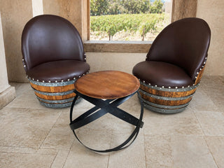 Whiskey & Wine Barrel Hoop Side Table — Oak Top, Metal Hoops