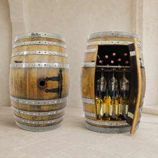 Whiskey & Wine Barrel Multi-Use Bar — Display Cabinet, Stemware Shelf