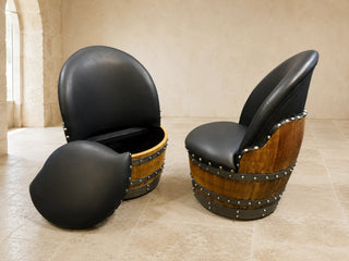 Whiskey & Wine Barrel Lounge Chair — Hidden Storage, Memory Foam, Black Upholstery