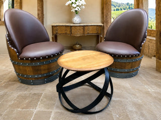 Whiskey & Wine Barrel Hoop Side Table — Oak Top, Metal Hoops
