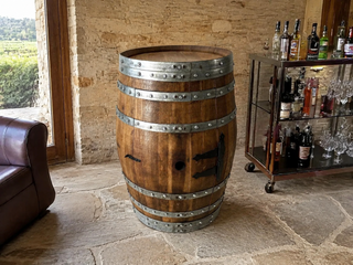 Whiskey & Wine Barrel Display Cabinet — Stemware Shelf, Door Storage