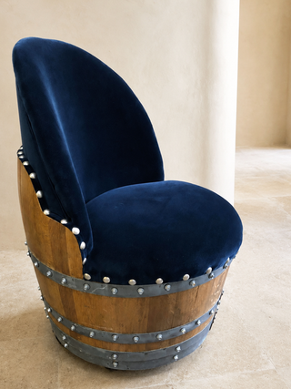 Whiskey & Wine Barrel Reading Chair — Hidden Storage, Blue Velvet Upholstery