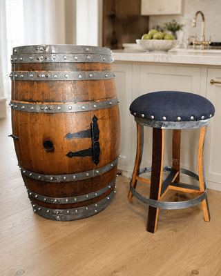 Whiskey & Wine Barrel Stool — Memory Foam, Dark Navy Blue Upholstery