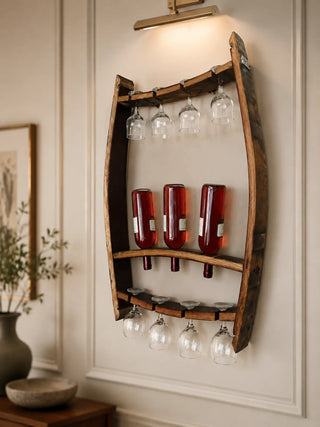 Whiskey & Wine Barrel Stave Trio Rack — Bottle Display, Wall Mount