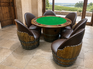Whiskey & Wine Barrel Game Table Set — Poker Top and Dining Top Included, 6 Chairs (October Pre-Order)