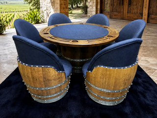 Whiskey & Wine Barrel Game Table Set — Poker and Dining Tops, 6 Chairs, Dark Navy Upholstery