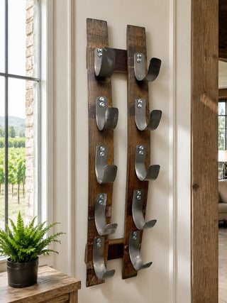 Whiskey & Wine Barrel Stave Wall Rack — 5-Bottle Display, Reclaimed Oak