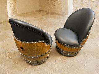 Whiskey & Wine Barrel Lounge Chair — Hidden Storage, Memory Foam, Black Upholstery