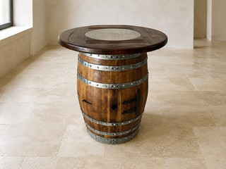 Whiskey & Wine Barrel Round Top with Glass Center — Wire-Brushed Oak, Fits 53–59 Gal (October Pre-Order)