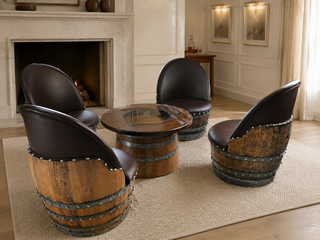 Whiskey & Wine Barrel Coffee Table Set — Full Round Table, 4 Chairs