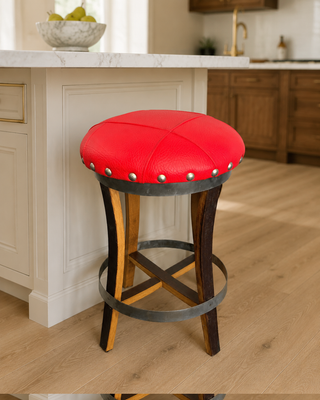Whiskey & Wine Barrel Stool — Memory Foam, Red Upholstery