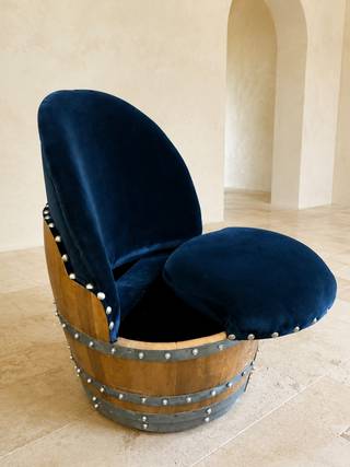 Whiskey & Wine Barrel Reading Chair — Hidden Storage, Blue Velvet Upholstery