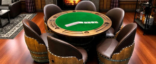 Six-chair Wine Barrel game table with poker top in a fireside game room