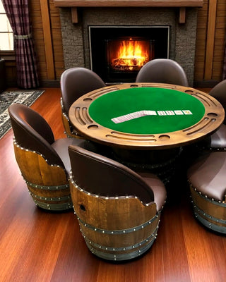 Six-chair Wine Barrel game table with poker top in a fireside game room