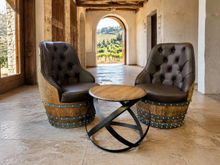 Whiskey & Wine Barrel Hoop Side Table — Oak Top, Metal Hoops