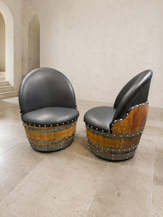 Whiskey & Wine Barrel Lounge Chair — Hidden Storage, Memory Foam, Black Upholstery