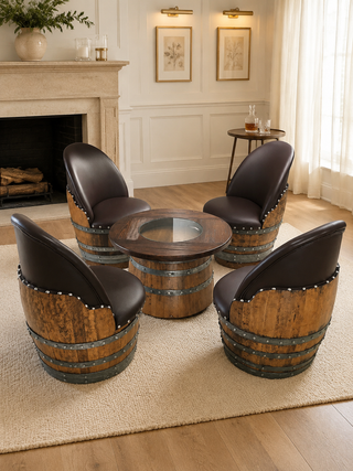Whiskey & Wine Barrel Coffee Table Set — Full Round Table, 4 Chairs