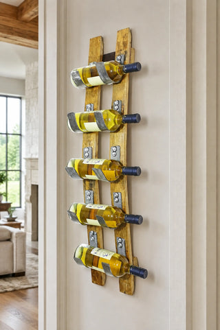 Whiskey & Wine Barrel Stave Wall Rack — 5-Bottle Display, Reclaimed Oak