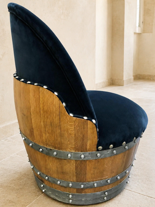 Whiskey & Wine Barrel Reading Chair — Hidden Storage, Blue Velvet Upholstery