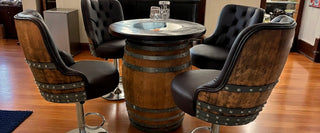 Wine Barrel pub table and chairs in a home bar, as featured on Netflix