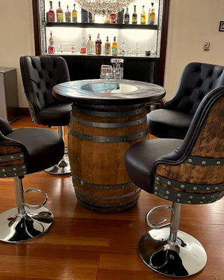 Wine Barrel pub table and chairs in a home bar, as featured on Netflix