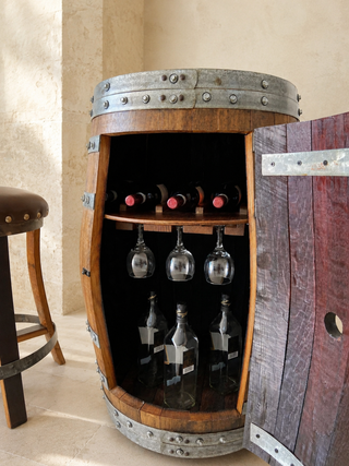 Whiskey & Wine Barrel Multi-Use Bar — Display Cabinet, Stemware Shelf