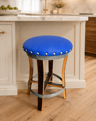 Whiskey & Wine Barrel Stool — Memory Foam, Sea Blue Upholstery (Limited)