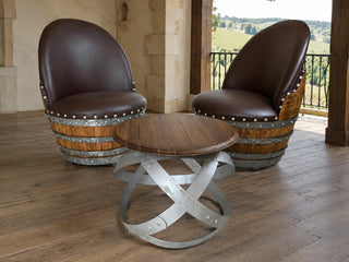Whiskey & Wine Barrel Hoop Side Table — Oak Top, Metal Hoops