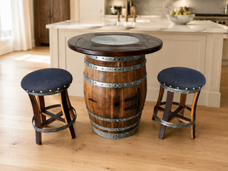 Whiskey & Wine Barrel Stool — Memory Foam, Dark Navy Blue Upholstery
