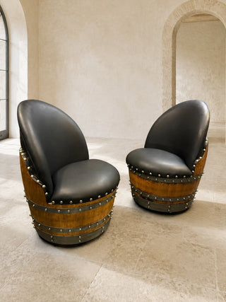 Whiskey & Wine Barrel Lounge Chair — Hidden Storage, Memory Foam, Black Upholstery
