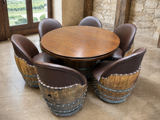 Whiskey & Wine Barrel Game Table Set — Poker Top and Dining Top Included, 6 Chairs (October Pre-Order)