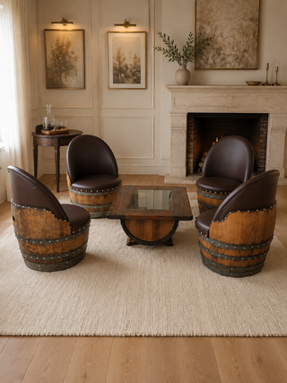 Whiskey & Wine Barrel Coffee Table Set — 4 Chairs