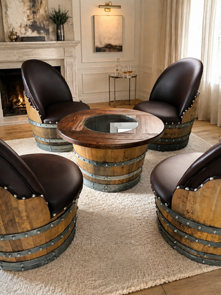 Whiskey & Wine Barrel Coffee Table Set — Full Round Table, 4 Chairs