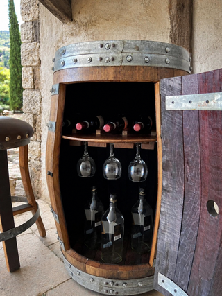 Whiskey & Wine Barrel Display Cabinet — Stemware Shelf, Door Storage