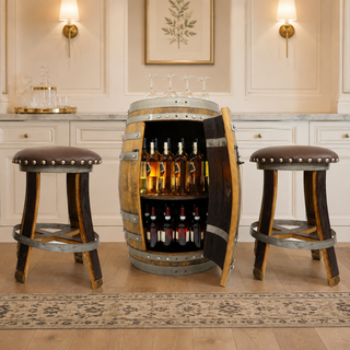 Whiskey & Wine Barrel Bar Cabinet — Door Shelf, Reclaimed Oak