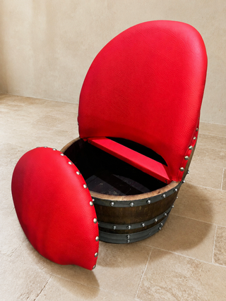 Whiskey & Wine Barrel Lounge Chair — Hidden Storage, Memory Foam, Red Upholstery (Limited)