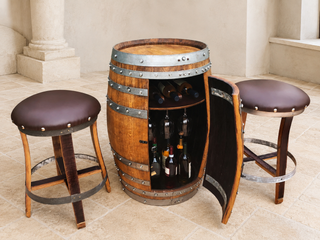 Whiskey & Wine Barrel Multi-Use Bar — Display Cabinet, Stemware Shelf