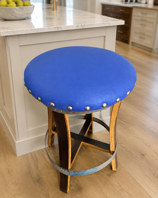 Whiskey & Wine Barrel Stool — Memory Foam, Sea Blue Upholstery (Limited)